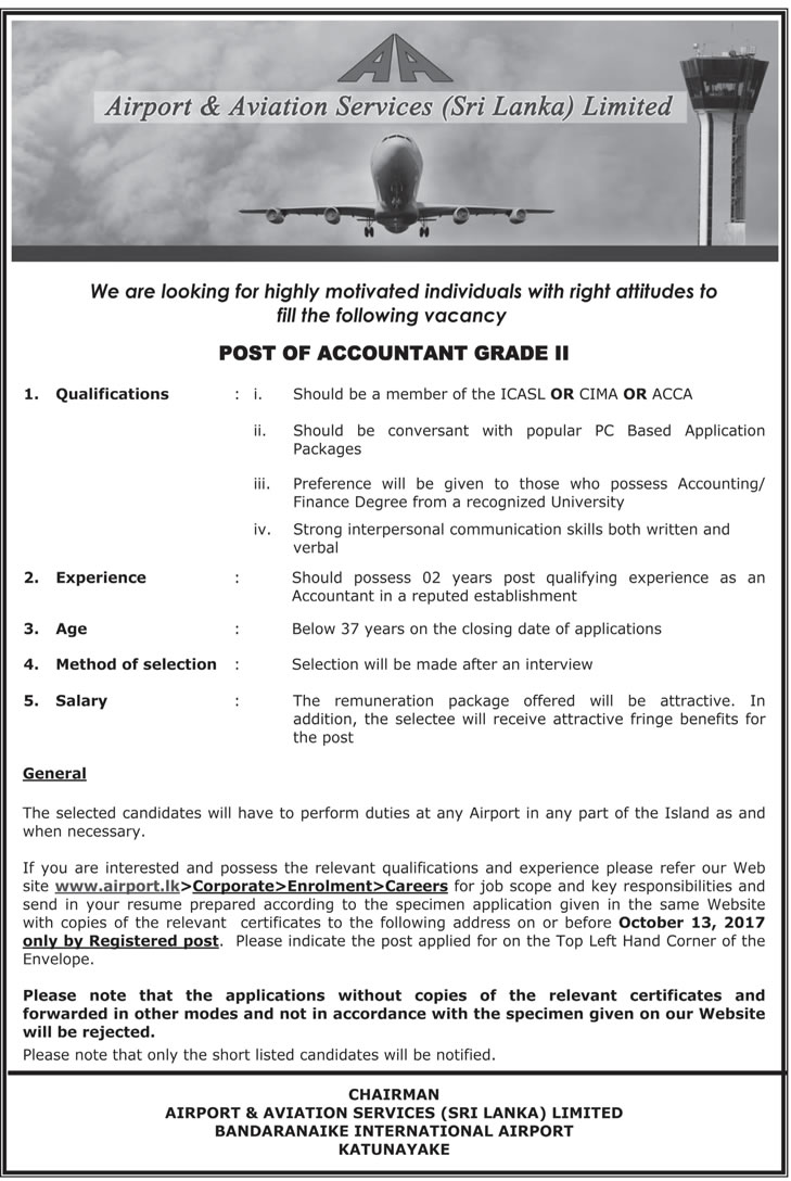 Accountant - Airport & Aviation Services (Sri Lanka) Ltd